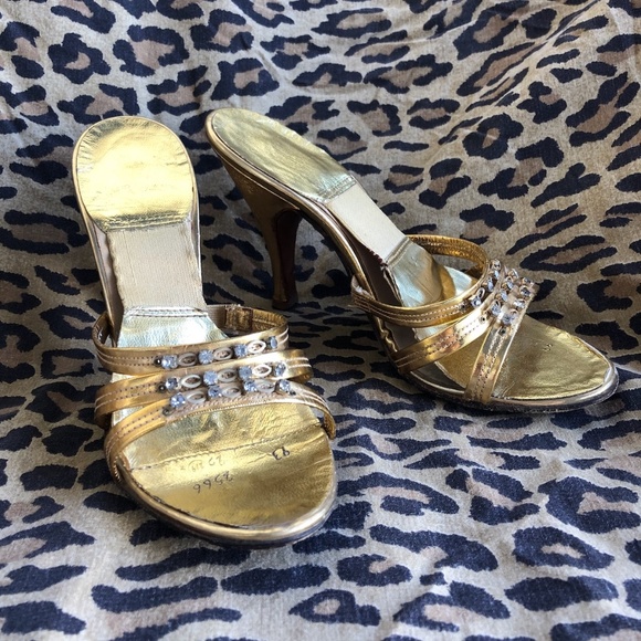 VTG 1950s Rhinestone Studded Gold Springolators High Heel Mules US 5 - Picture 1 of 9